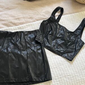 Black Faux Leather Crop Top and Skirt Set